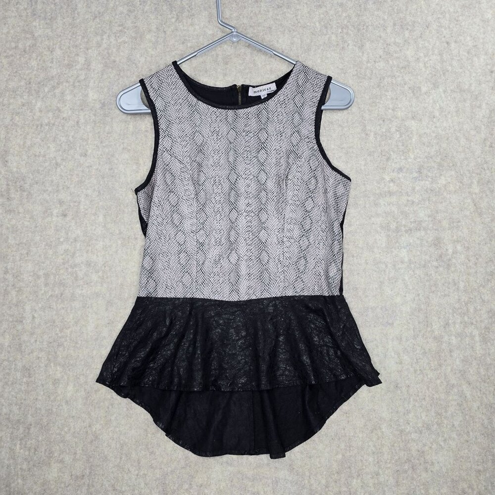 Monteau Womens Sleeveless Black & White Peplum Top Medium Lace Overlay Zip Back
